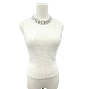 Ivory Beaded Neckline Knit Top Size Small Sleeveless Soft Brushed Quiet Luxury